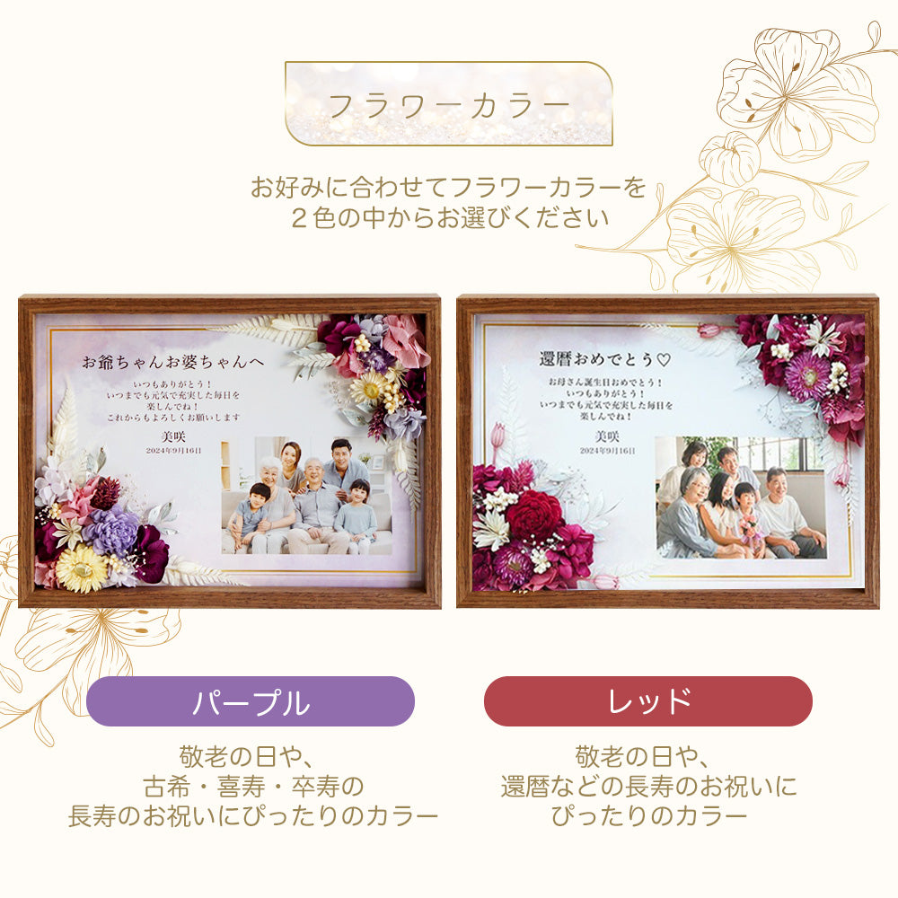 【i48 長寿祝い フラワーフォトボックス 】長寿祝い 名入れ 名前入り メッセージ プレゼント ギフト 写真 写真立て お花 花 フラワー プリザーブドフラワー ドライフラワー 2024 おばあちゃん おじいちゃん  フォトフレーム  孫から オーダーメイド オリジナル フラワーギフト